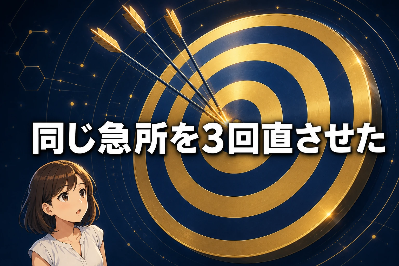 的の同じ1点に3本の矢が刺さっているイラスト。AIレビューで同じ急所を3回指摘されたことの比喩