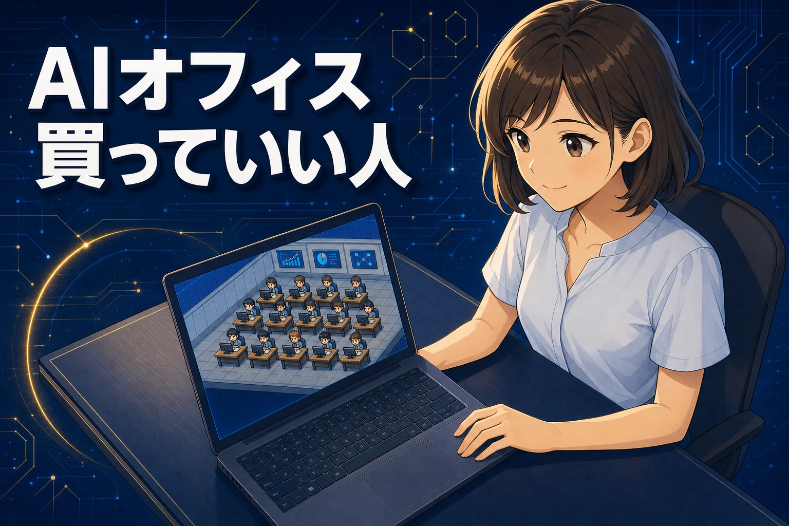 AIオフィスの育て方レビューのアイキャッチ。ノートパソコンの画面にピクセルアートのオフィスが映り、その前で女性が作業している。「AIオフィス 買っていい人」の文字