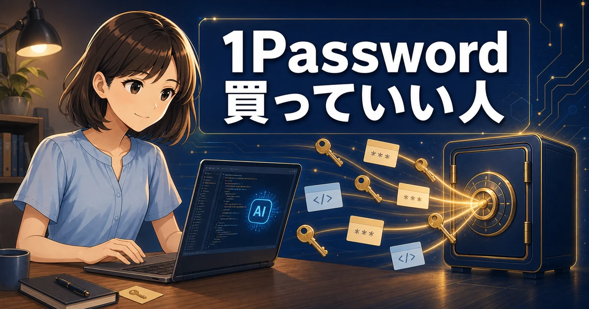 1Password 買っていい人。AIにコードを書かせる人が、散らばった鍵を1つの金庫に集約するイラスト