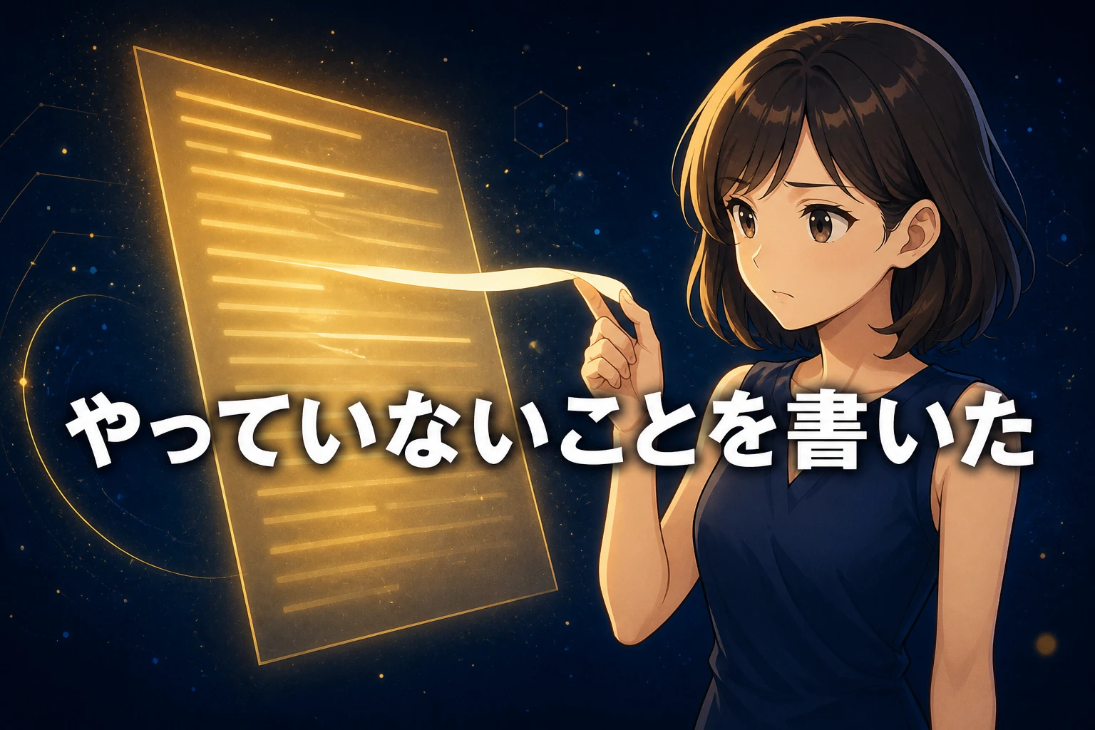 光る原稿ページから浮き上がった一行をマスコットが指でつまんでいるイラスト。文字は「やっていないことを書いた」