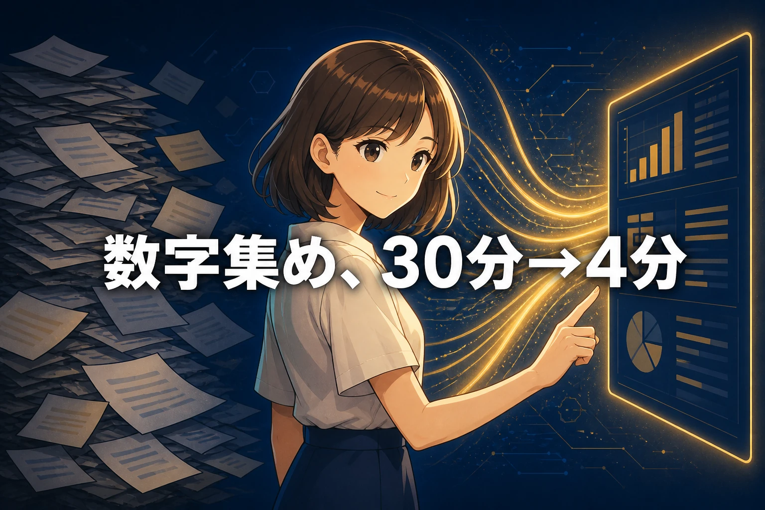 散らばる紙の山に背を向けて、金色のデータストリームが流れ込むパネルを指すマスコットのイラスト。文字は「数字集め、30分→4分」