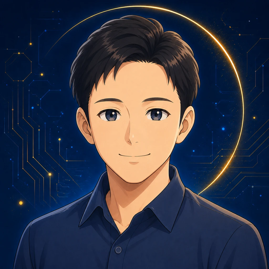 myska のプロフィール画像。ネイビーの背景に金色の光の弧、黒い短髪に襟付きシャツの男性のイラスト