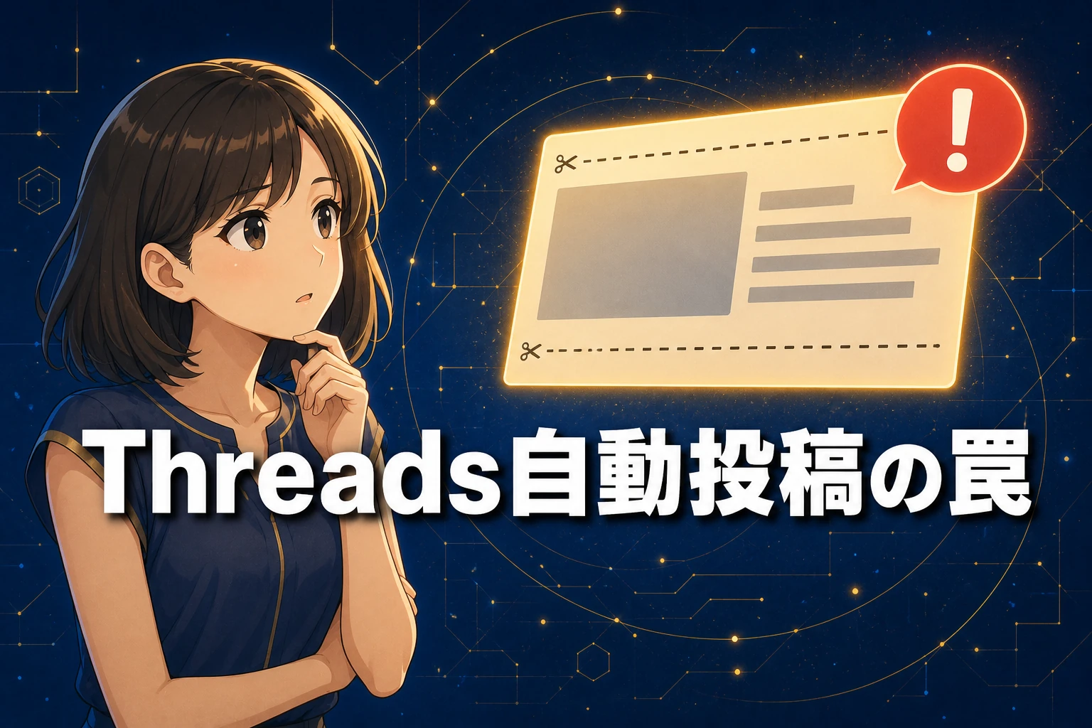 切り取り線で上下が切れたSNSリンクカードと赤いエラーマークを見上げるサイトマスコット