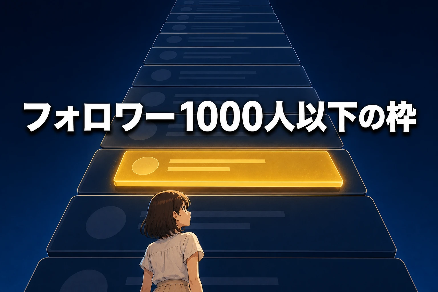 積み上がったXのフィードカードの塔の中で1枚だけ金色に光るカードを、マスコットが下から見上げるイラスト。フォロワー1000人以下の枠の文字