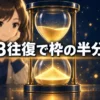 上半分の砂が半分落ちた金色の砂時計と、その向こうに立つサイトのマスコット。「3往復で枠の半分」の文字が重なっている