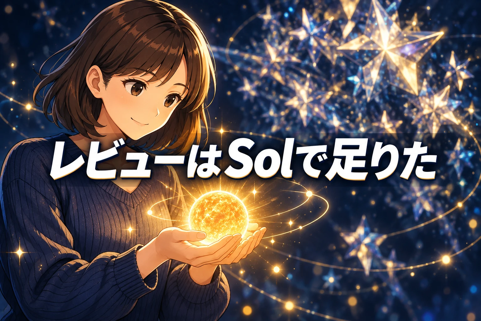 手のひらに小さな金色の太陽を載せてほほえむマスコットと、奥で光る星形の結晶の塊。文字は「レビューはSolで足りた」
